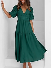 abordables Robe de cocktail-Femme Robe Maxi Robe casual Robe Trapèze mode basique Décontractées Vacances du quotidien Standard Plein Demi Manches Col V Vert Beige Eté Printemps