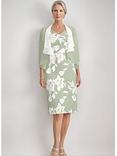 abordables Avec veste-Robe mère de la mariée deux pièces robe fourreau  colonne élégante vintage col en V longueur thé chiffon dentelle florale appliquée à manches 3/4 avec veste ruchée robe de jour de course