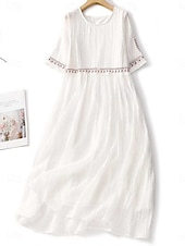 economico Vestiti-Per donna Abito maxi Abiti in cotone e lino Vestito Casual Vestito a ruota Abito lungo in cotone Essenziale Casual Vacanza Quotidiano Vestibilità regolare Floreale Mezza Manica Girocollo Bianco Verde