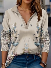 baratos Camiseta floral-Camiseta Feminina Rosa Moderna Manga Longa Decote V Golinha Tops Regulares Trabalho Estampada Preto Branco Amarelo Rosa Vermelho Verão Primavera Outono