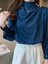 olcso Öltözetes felsők-Női Ing elegáns Elegáns Szatén Tömör szín Üzlet Modern Alkalmi Hosszú ujj Körgallér Normál felsők Munka Ünnepi viselet Gombok Fehér Medence Nyár Tavasz