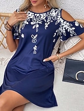 cheap Casual Floral Dresses-Women's Mini Dress Casual Dress Tank Dress Stylish Casual Vacation Daily Regular Fit Floral Short Sleeve Crew Neck Dark Blue Summer