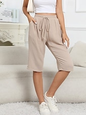 billiga Shorts i bomullslinne-Dam Shorts i bomullslinne Shorts Lättvikt Ledigt Knelängd Mellanhög midja Slät Ficka Snörning Mateial som andas Bekväm Oelastisk Ledigt / vardag Helgen Marin Svart Vit Kaki Sommar Vår Normal
