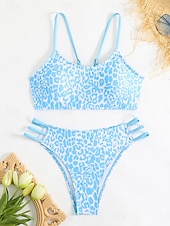 billiga Bikinis-Dam Badkläder Bikini Kaxig Baddräkt Öppen rygg Hög midja Smal Semester Standkläder Leopard V-hals Ärmlös Baddräkter