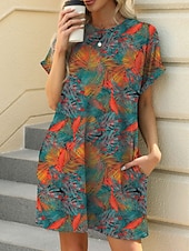 levne Boho šaty-Dámské Mini šaty Volnočasové šaty Tričkové šaty Boho šaty stylové Na běžné nošení Dovolená Denní Běžný Květinový S lístky Krátký rukáv Tričkový Vodní modrá Hnědá Trávová zelená Léto