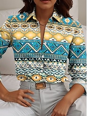 billige Kvinne Boho Topper-Dame Skjorte Geometrisk Fargeblokk Fritid Langermet Skjortekrage Vanlige topper Arbeid Daglig Knapper Trykt mønster Blå Vår Høst Vinter