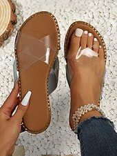 olcso Női szandálok-fekete keresztpántos lapos csúszó szandál nőknek - lezser nyári slip-on kényelmes talppal