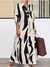 cheap Casual Floral Dresses-Women&#039;s Long Dress Maxi Dress Shirt Dress Casual Dress Summer Dress Stylish Casual Vacation Daily Date Regular Fit Floral Graphic Long Sleeve Lapel Black And White Black Blue Orange Summer Spring