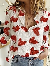 abordables Tops de Arte y Diseño para Mujeres-Camisa de mujer corazón diaria estilosa de manga larga con cuello de camisa tops largos diarios para salir botones estampados rojos verano primavera