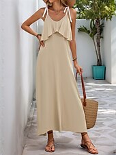 cheap Vacation Dresses-Women&#039;s Maxi Dress Casual Dress Slip Dress Stylish Basic Casual Vacation Daily Regular Fit Plain Sleeveless V Neck Apricot Summer Spring