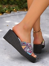 olcso Telitalpú szandálok-színes, felbújós női ékszandál etnikai mintával – kényelmes platform dizájn nyári, tengerparti és hétköznapi viselethez