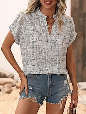 billige Boho t-skjorte-Dame T skjorte Geometrisk Mote Moderne Fritid Kortermet Hals med hakk Vanlige topper Daglig Helg Trykt mønster Hvit Kakifarget Sommer Vår