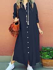 cheap Dresses-Women&#039;s Long Dress Maxi Dress Linen-Inspired Dresses Shirt Dress Casual Dress Cotton Linen Dress Stylish Casual Vacation Daily Date Regular Fit Plain Long Sleeve Lapel Pink Navy Blue Brown Summer