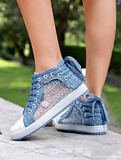 economico Sneakers da donna-sneakers alte in tela con lacci blu da donna con pannelli in rete ricamati, design a pois per abbigliamento casual e outdoor