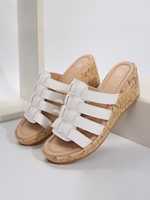 abordables Sandales Décontractées-sandales compensées dorées à lanières pour femmes avec semelle en imitation liège – chaussures d&#039;été élégantes pour les tenues décontractées et de plage