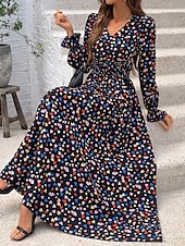 tanie Sukienki boho-Damskie Sukienka maxi Sukienki w stylu boho Sukienka Boho Elegancki Codzienny Urlop Codzienny Regularny Kwiaty Długi rękaw W serek Czarny Zielony Khaki Wiosna Jesień
