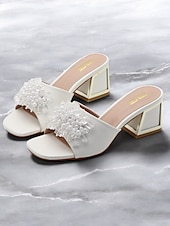 cheap Vacation Sandals-Women&#039;s Purple Slide Sandals with Pearl and Bead Embellishments – Fashionable Chunky Heel Mules for Casual Outings and Evening Events