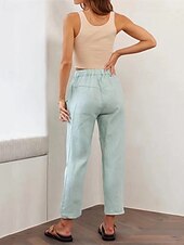 baratos Calça de linho de algodão simples-Mulheres Calças de linho de algodão Calças Leve Casual Mimolet Cintura Média Tecido Bolsos Com Cordão Respirabilidade Confortável Sem Elasticidade Casual / Diário Final de semana Azul de céu claro