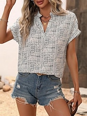 billige Boho t-skjorte-Dame T skjorte Geometrisk Mote Moderne Fritid Kortermet Hals med hakk Vanlige topper Daglig Helg Trykt mønster Hvit Kakifarget Sommer Vår