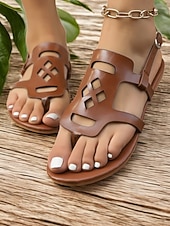 economico Sandali Piani-"sandali bassi da donna in similpelle marrone con cinturino regolabile - scarpe estive casual da indossare tutti i giorni e per le vacanze