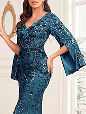 baratos AZUL-Vestido de Sereia de Noite Vintage Formal Casamento Comprimento do Chão Manga Longa Decote em V com Apliques
