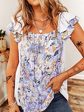 billige Tanks og camisole til kvinner-Dame Camisole Tank Top Blomstrete Stilfull Uformell Kort Erme Fyrkantet Hals Regulære Topper Daglig Rynkete Trykk Rosa Lilla Lys Grå Sommer