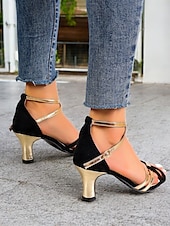 ieftine Sandale casual-sandale de dama cu toc inalt cu bretele negre si aurii cu bareta la glezna si design elegant pentru petreceri si evenimente formale