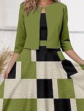 preiswerte Streifen- und geometrisches Kleid-Damen Zwei-Teiler Kleid Sets Midi Kleid mit Jacke Elegantes A-Linien Kleid Halbarm Druck Kleid Vintage Farbblock Geometrischer Druck 3/4 Länge Ärmeln Rundhals Alltag Grün Frühling Herbst Regelmäßige