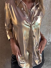 abordables Tops elegantes-Mujer Camisa Blusa Color sólido Elegante lujoso Manga Larga Cuello Camisero Tops regulares Invitado a la boda Noche Botones Plata Beige Verano Primavera