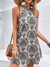 preiswerte Ausgefallene Kleider-Damen Minikleid Casual kleid Sommerkleid Boho-Kleid Elegant Hawaiianisch Stilvoll Urlaub Täglich Verabredung Regular Fit Blumen Ärmellos Halfterhals Khaki Sommer