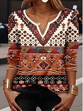 tanie T-shirt boho-Damskie Podkoszulek Graficzny Geometryczny Codzienny Długi rękaw Karbowana szyja Zwykłe topy Codzienny Nadruk Brązowy Wiosna Jesień