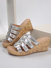 abordables Sandales Décontractées-sandales compensées dorées à lanières pour femmes avec semelle en imitation liège – chaussures d&#039;été élégantes pour les tenues décontractées et de plage