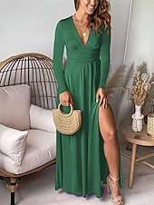 cheap Chiffon Dresses-Women&#039;s Maxi Dress Party Dress Elegant Stylish Ethnic Vacation Party Daily Regular Fit Plain Long Sleeve V Neck Blue Green Spring Fall