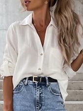 tanie Koszule-Damskie Koszula Koszule inspirowane lnem Zapiąć Bluzka Jednokolorowe Elegancki Codzienny Długi rękaw Kołnierzyk koszuli Zwykłe topy Codzienny Guziki Kieszeń Czarny Biały Brązowy Khaki Lato Wiosna