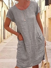 cheap Design Cotton &amp; Linen Dresses-Women&#039;s Mini Dress Cotton Linen Dresses Casual Dress T Shirt Dress Tee Dress Basic Casual Vacation Daily Regular Fit Plain Short Sleeve Crew Neck Black Blue Khaki Gray Summer