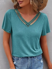 abordables T-shirt uni-Femme T shirt Plein basique Décontractées Manche Courte Col V Hauts réguliers du quotidien Fin de semaine Bleu Vert Eté