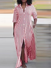 ieftine Rochii tip cămașă-Pentru femei Rochie Lunga Rochie Maxi Rochii Tip Cămașă Rochie casual Rochie de vară Stilat Casual Vacanță Zilnic Dată Fit regulat Dunga Manșon Jumate Rever Negru Roșu-aprins Albastru piscină Trifoi