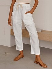 baratos Calça de linho de algodão simples-Mulheres Calças de linho de algodão Calças Leve Casual Mimolet Cintura Média Tecido Bolsos Com Cordão Respirabilidade Confortável Sem Elasticidade Casual / Diário Final de semana Azul de céu claro