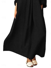 economico disegnare abiti in cotone e lino-Per donna Abito maxi Abiti in cotone e lino Abito Camicia Vestito Casual Essenziale Casual Vacanza Quotidiano Vestibilità regolare Semplice Manica 3/4 Colletto a Camicia Nero Rosa Estate