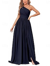 baratos Vestidos para Madrinhas-vestido de dama de honra em corte A, um ombro, sem mangas, elegante, longo, chiffon, com pregas / frente aberta / franzido 2025