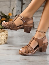 olcso Nyári szandálok-női vintage, nyitott orrú, vaskos sarkú szandál - elegáns nyári cipő csatos pánttal és üreges kialakítással alkalmi, munkahelyi vagy szabadtéri alkalmakra
