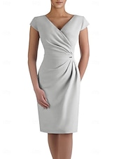cheap Tea Length-Sheath Mother of the Bride Dress Wedding Guest Elegant V Neck Knee Length Stretch Fabric Short Sleeve with Ruched free custom size