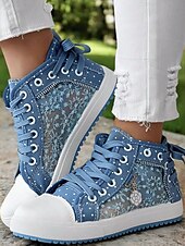 economico Sneakers da donna-sneakers alte in tela con lacci blu da donna con pannelli in rete ricamati, design a pois per abbigliamento casual e outdoor