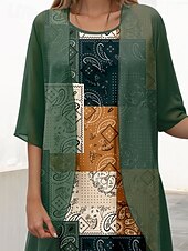 cheap Boho Dress-Women&#039;s Graduation Dress Midi Dress Two Piece Dress Set Shift Dress Chiffon Dress Elegant Vintage Paisley Color Block Print Half Sleeve Crew Neck Daily Dark Green Summer Spring Loose Fit