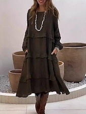 olcso design pamut és len ruhák-Női Midi ruha Vászon ihletésű ruhák hétköznapi ruha Pamut vászon ruha Pamut ruha Alap Alkalmi Vakáció Napi Normál Sima Hosszú ujj Terített nyak Arcpír rózsaszín Lóhere Sárgabarack Nyár Tavasz