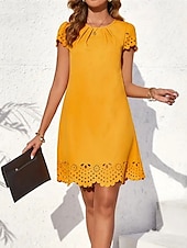 preiswerte Lässiges schwarzes Kleid-Damen Minikleid schwarzes kleid Casual kleid Basic Brautkleider schlicht Urlaub Täglich Regular Fit Glatt Kurzarm Rundhalsausschnitt Schwarz Gelb Rosa Blau Sommer