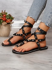 preiswerte Damensandalen-Damen-Gladiatorsandalen im Bohemian-Stil – flache Riemchenschuhe im Römerstil mit Schnürung und Nietendetails für Sommer, Strand und Freizeit