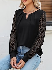 economico Top in Pizzo-Per donna maglietta Liscio Di tendenza Moderno Informale Manica lunga Girocollo Top regolari Giornaliero Fine settimana Pizzo Collage Nero Beige Estate Primavera