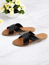 olcso Női szandálok-fekete keresztpántos lapos csúszó szandál nőknek - lezser nyári slip-on kényelmes talppal