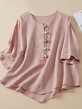 abordables Chemises-Femmes Chemise Chemisier Chemises en coton et lin Couleur Unie Basique Occasionnel Manche 3/4 Col ras du cou Hauts Réguliers Quotidien Boutons Rose Claire Bleu Été